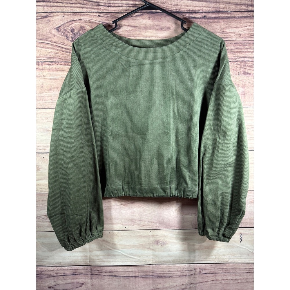 Lumiere Olive Green Corduroy Cropped Pullover Balloon Sleeve Cotton Top Medium